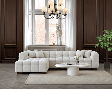 Luxurious Aluxo Tribeca Corner Sofa in Oatmeal Boucle Fabric – Contemporary Chesterfield Design - UK Luxury Furniture